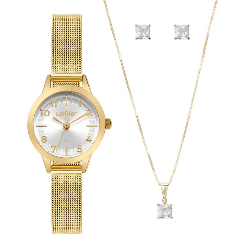 kit relógio condor feminino dourado co2035nhw/k4k