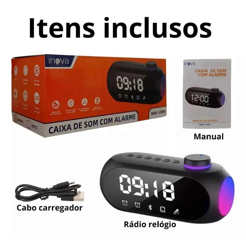 caixa de som inova com alarme preto rad-12569 (mp)
