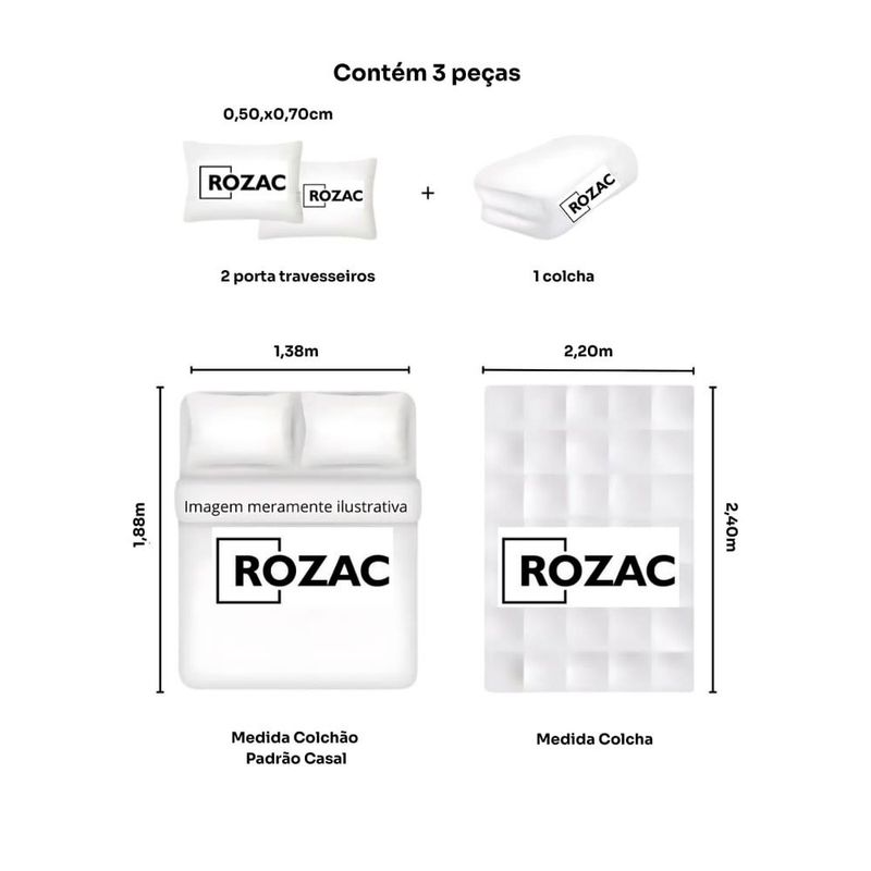 kit colcha casal rozac 3 peças madri 3d cru (mp)