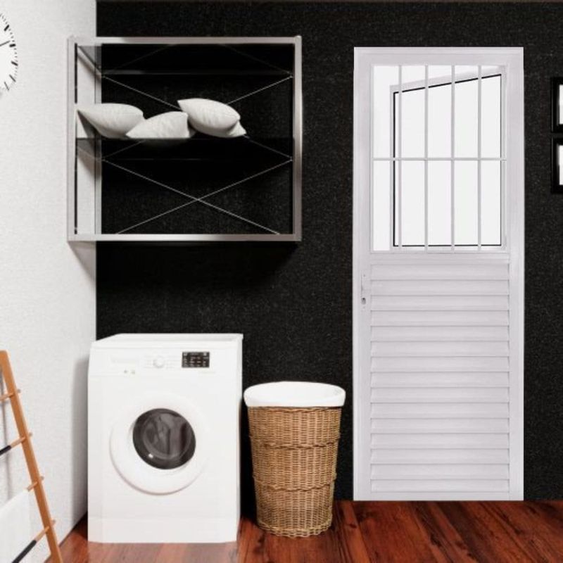 porta mista aço e alumínio com postigo 2 vidros lisos lado direito mgm 210x80cm soft branco (mp)