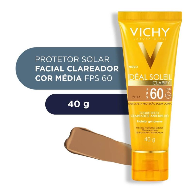 protetor solar facial com cor vichy idéal soleil clarify média fps60 40g