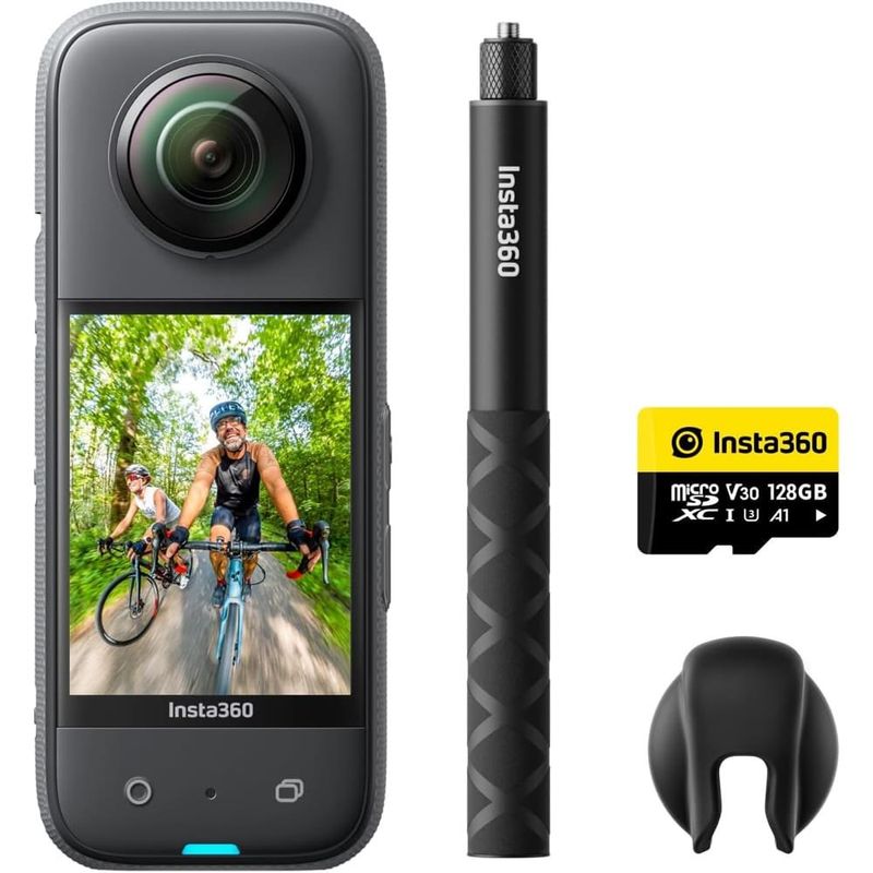 câmera de ação x3 insta360 com bastão e microsd 128gb preto a-bi