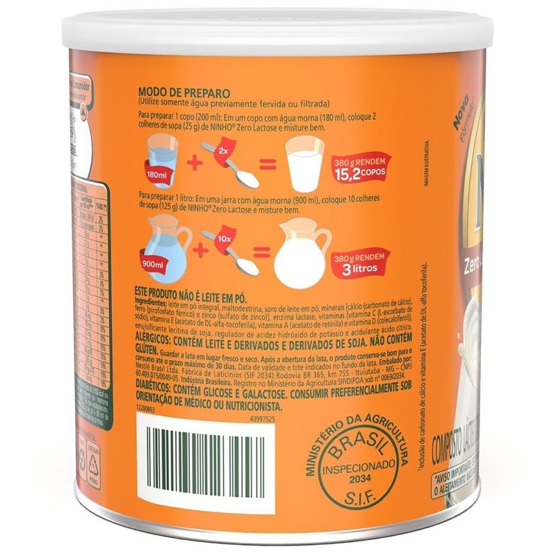 composto lácteo nestlé ninho zero lactose 380g