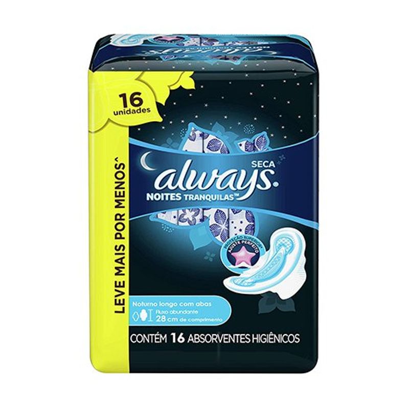 absorvente always noite tranquila seca leve 16 pague 14 unidades