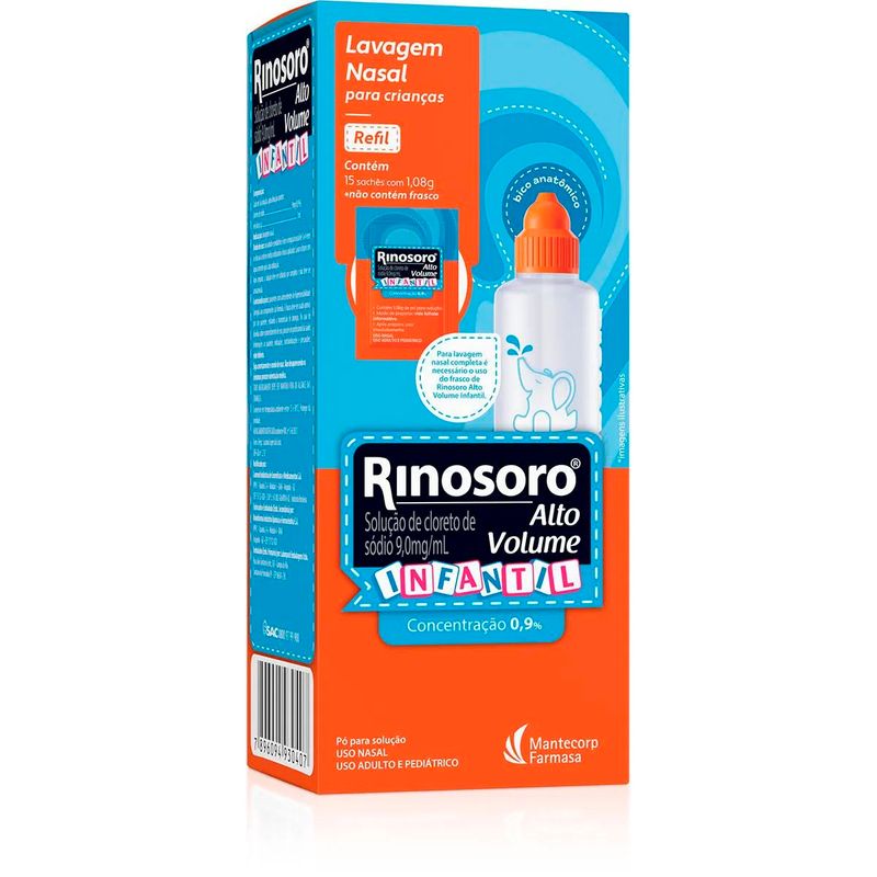 rinosoro alto volume 0,9% infantil refil 15 sachês mantecorp