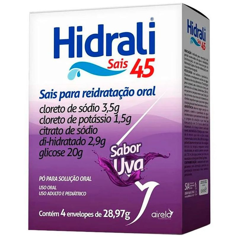 hidrali 45 sais para reidratação oral sabor uva 4 envelopes airela