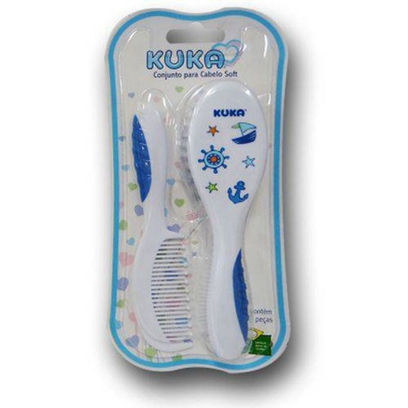 kit infantil 2 peças kuka para cabelo escova + pente soft azul 7257