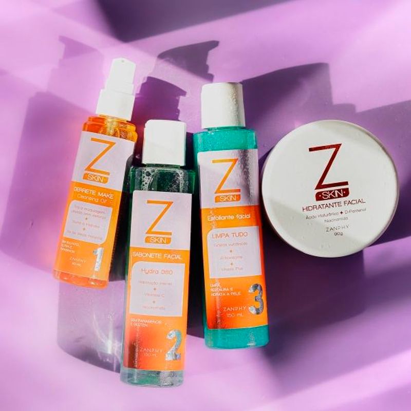 maleta kit zanphy skin hidratante facial + sabonete facial + esfoliante limpa tudo + derrete make
