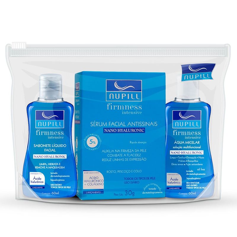 kit nupill sabonete líquido 60ml+sérum facial nano hyaluronic 30g+água micelar 60ml