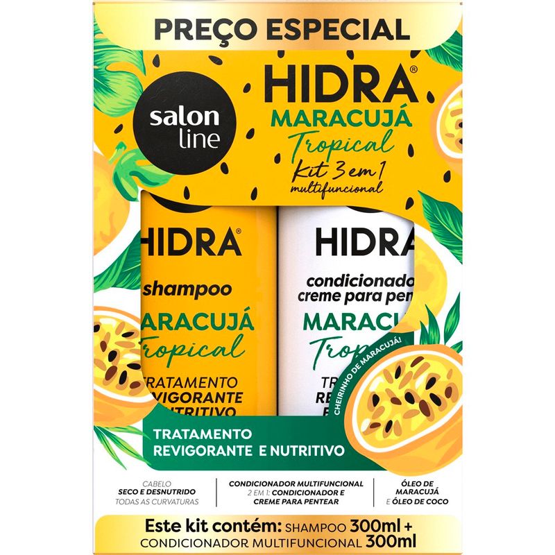 kit 3 em 1 multifuncional salon line shampoo 300ml+condicionador 300ml cheirinho de maracujá