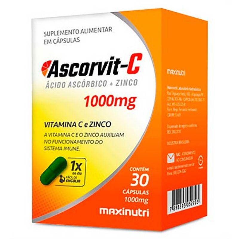 ascorvit-c vitamina c e zinco 1000mg 30 cápsulas maxinutri