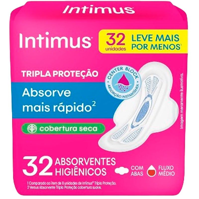 absorvente intimus gel tripla proteção cobertura seca com abas leve mais por menos 32 unidades