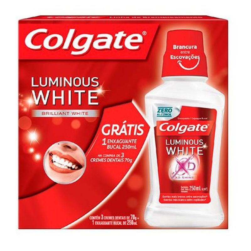 kit colgate creme dental luminous white 3 unidades 70g + 1 enxaguante bucal