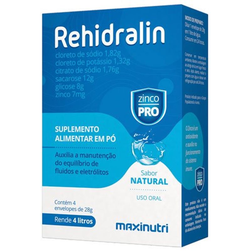 rehidralin pó sabor natural caixa com 4 envelopes de 28g maxinutri