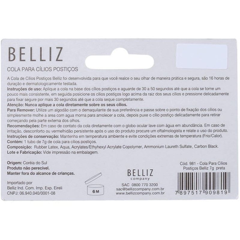 cola para cílios postiços belliz 7g preta