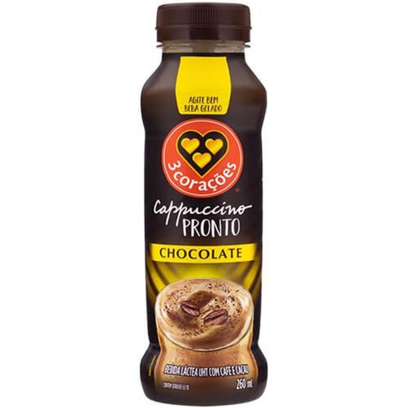 bebida cappuccino pronto 3 corações chocolate 260ml