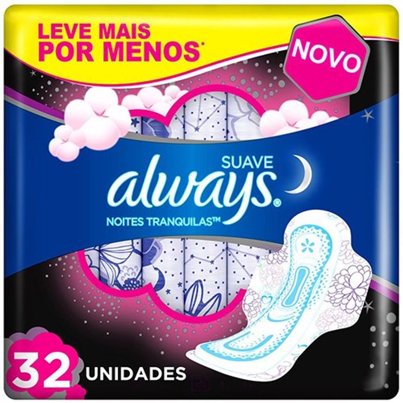 absorvente always noite tranquila suave com abas 32 unidades