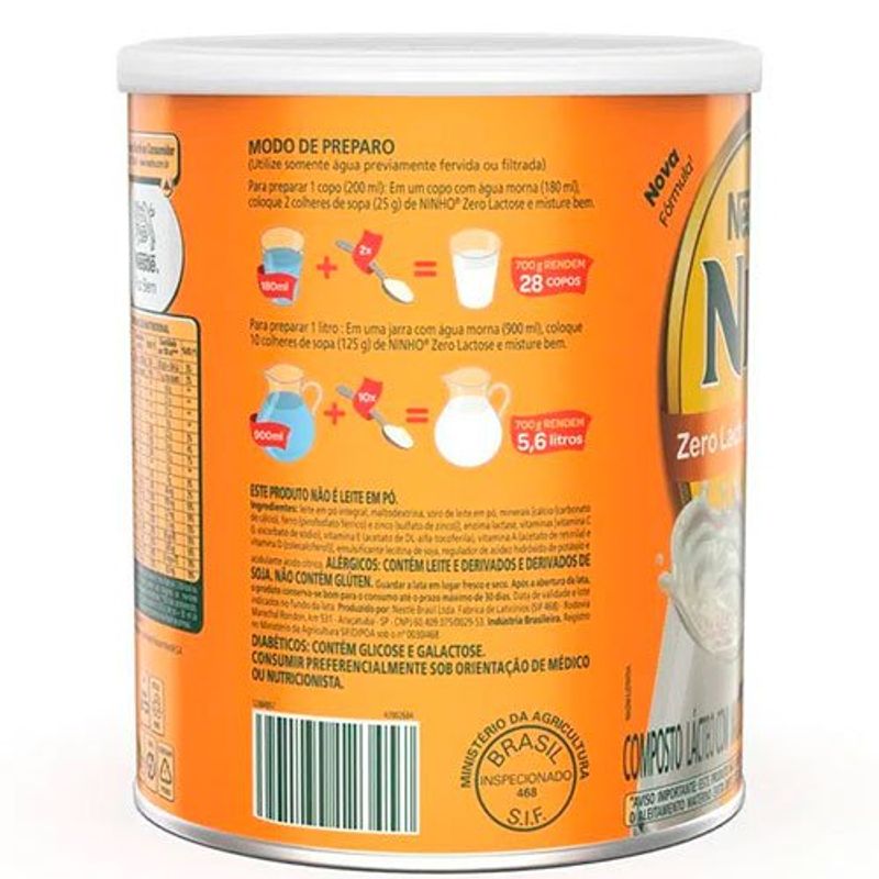 composto lácteo nestlé ninho zero lactose 700g