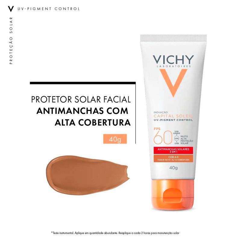 protetor solar facial vichy capital soleil uv-pigment control fps 60 cor 4.0 40g