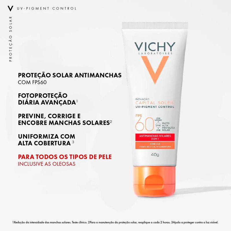 protetor solar facial vichy capital soleil uv-pigment control fps 60 cor 4.0 40g