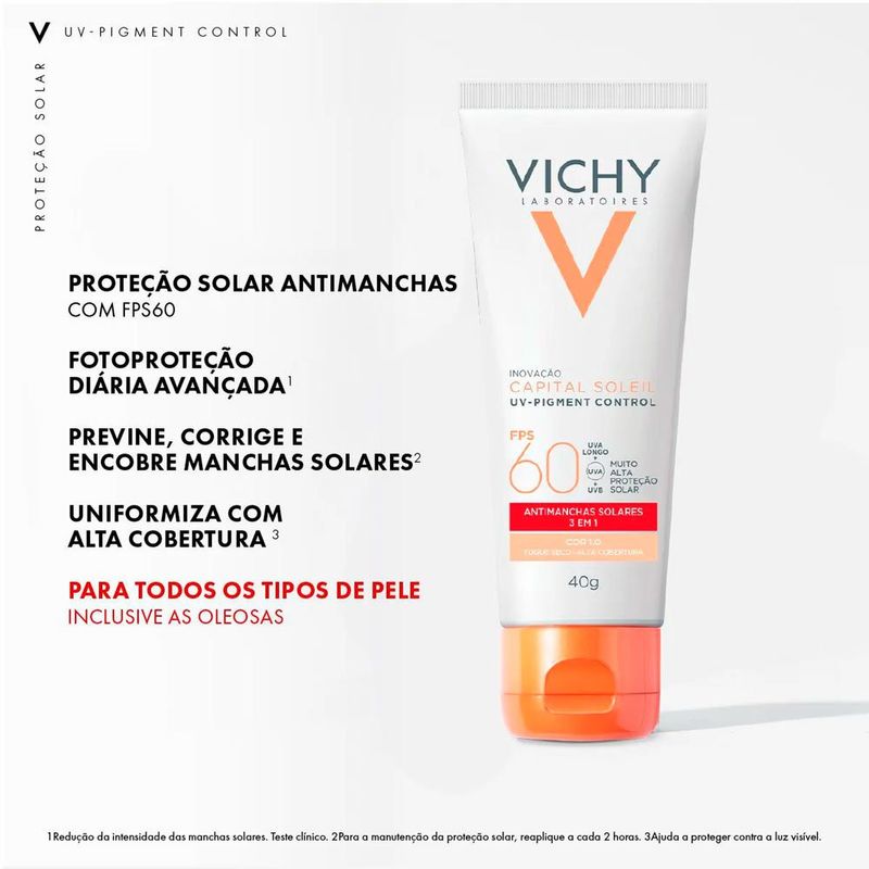 protetor solar facial vichy capital soleil uv-pigment control fps60 cor 1.0 40g