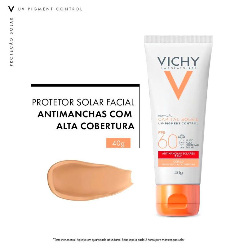 protetor solar facial vichy capital soleil uv-pigment control fps 60 cor 2.0 40g