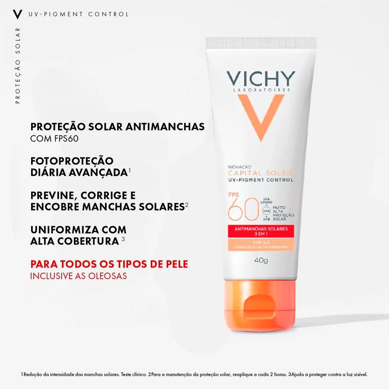 protetor solar facial vichy capital soleil uv-pigment control fps 60 cor 2.0 40g