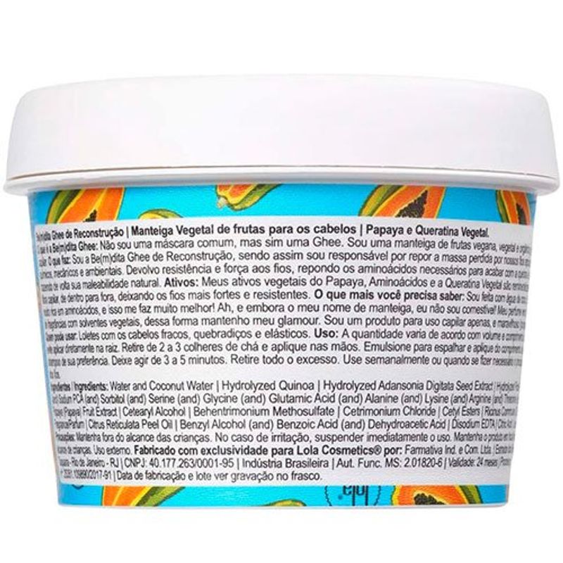 máscara de recuperação lola cosmetics be(m)dita ghee papaya e queratina vegetal 100g