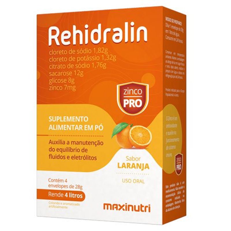 rehidralin pó sabor laranja caixa com 4 envelopes de 28g maxinutri