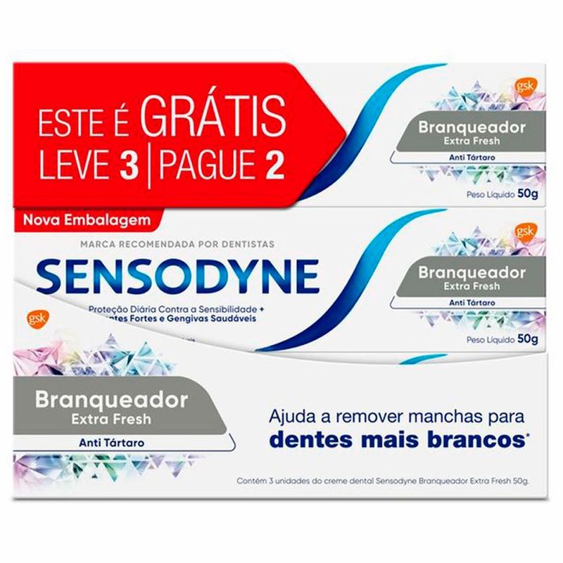 creme dental sensodyne branqueador extra fresh 50g leve 3 pague 2