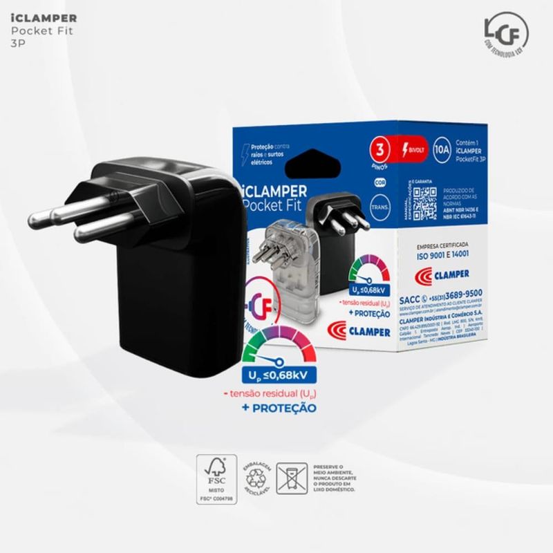 protetor contra surtos dps pocket fit 3 pinos clamper 10a bivolt preto (mp)