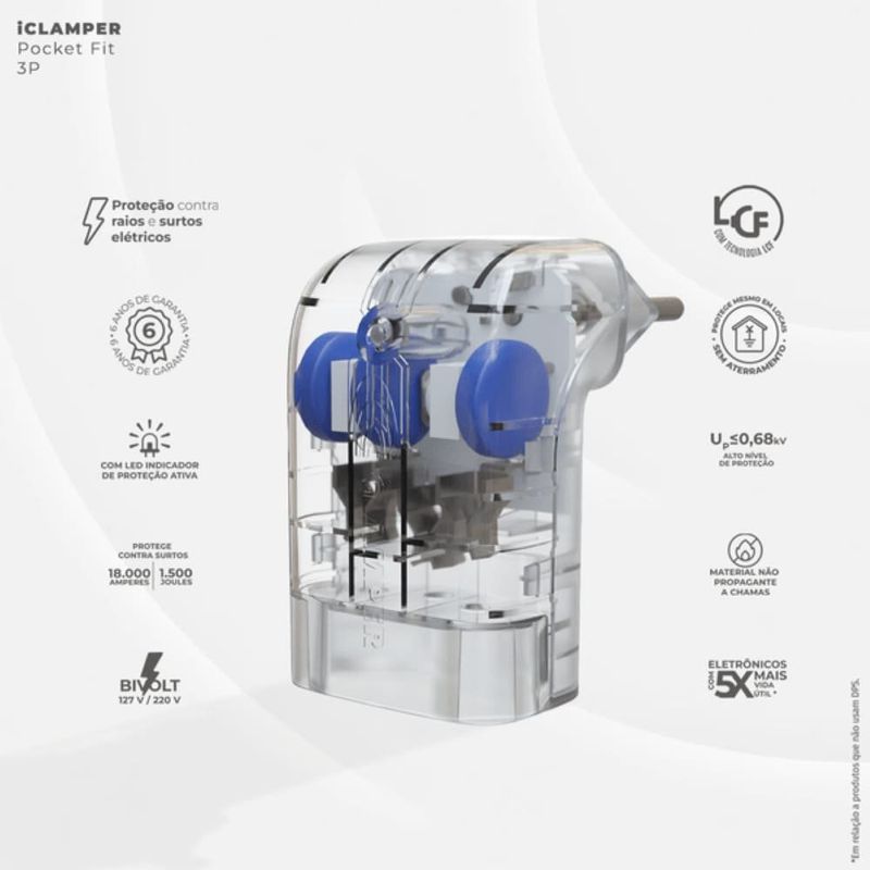 protetor contra surtos dps pocket fit 3 pinos clamper 20a bivolt transparente (mp)
