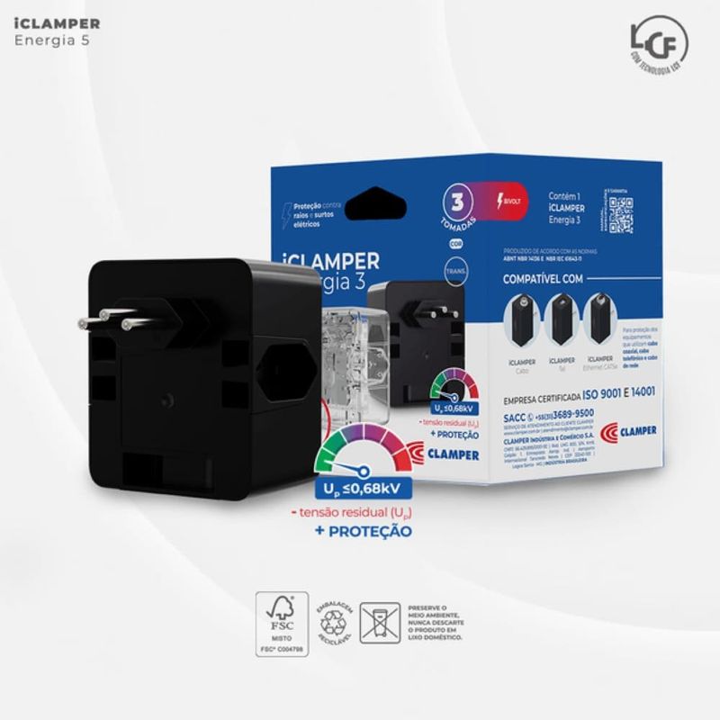 protetor contra surtos dps 3 tomadas 3 pinos clamper 10a bivolt preto (mp)