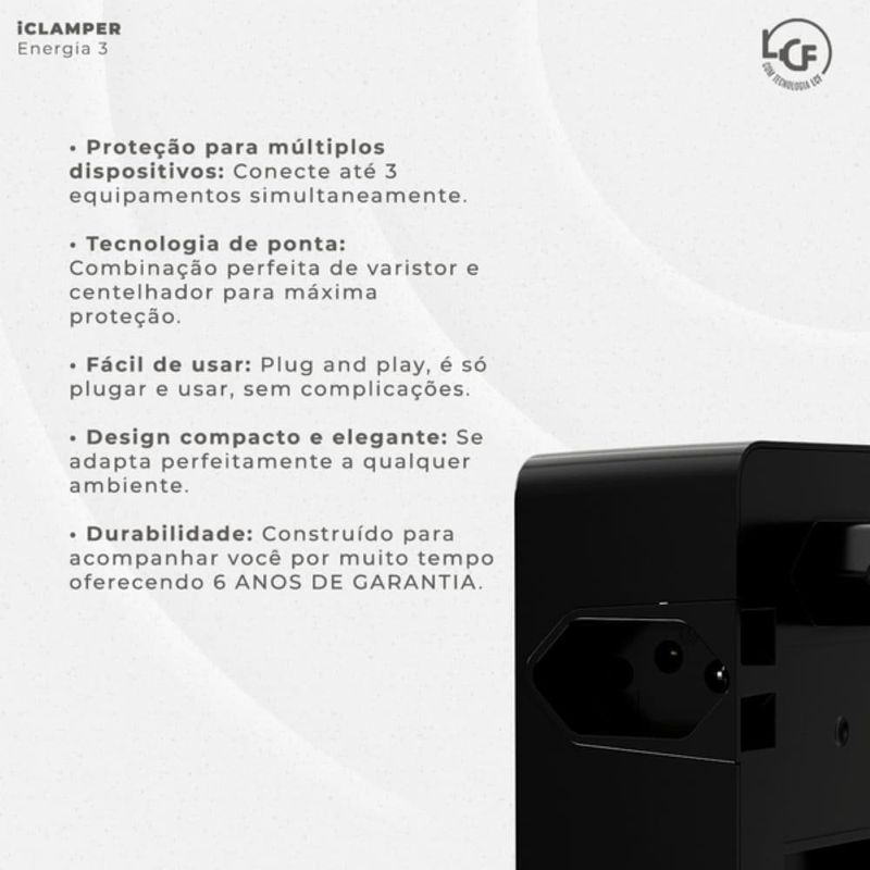 protetor contra surtos dps 3 tomadas 3 pinos clamper 10a bivolt preto (mp)