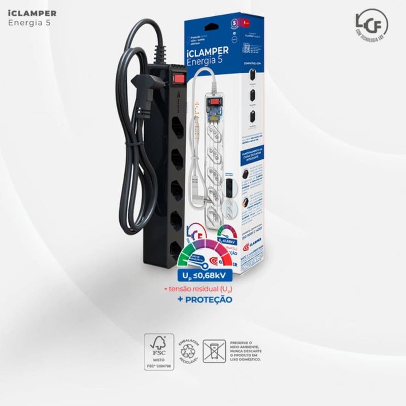 filtro de linha dps 5 tomadas 3 pinos clamper 10a bivolt preto (mp)