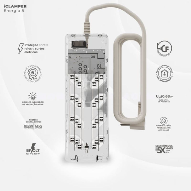 filtro de linha dps 8 tomadas 3 pinos clamper 10a bivolt transparente (mp)