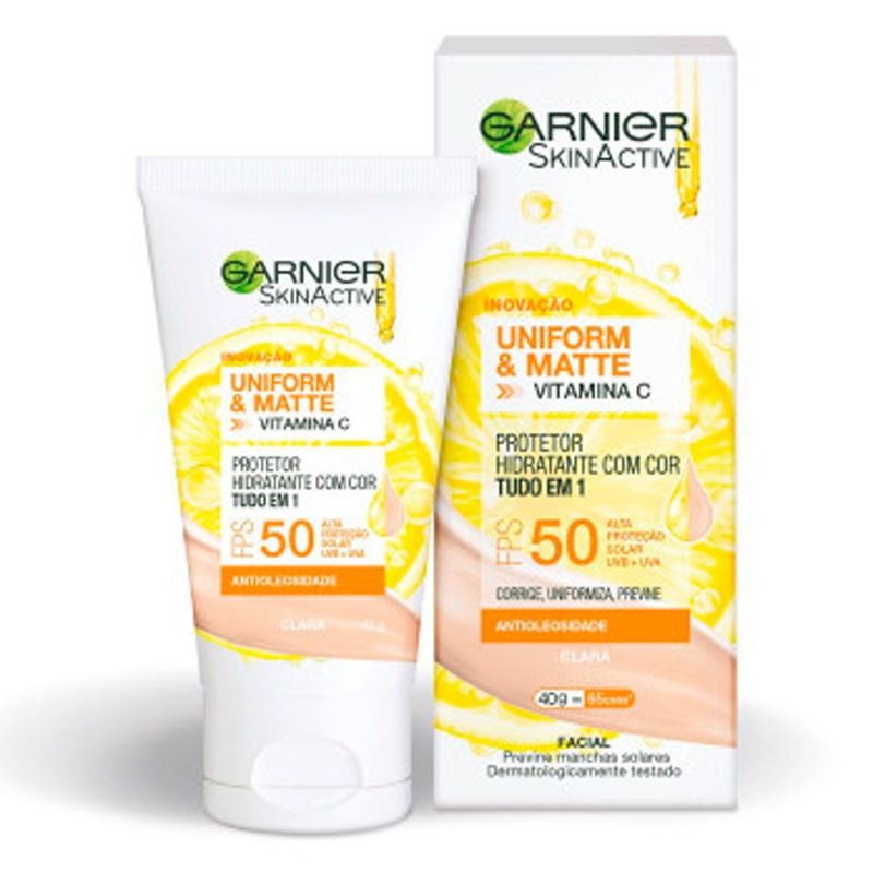 protetor solar hidratante facial garnier uniform & matte vitamina c fps50 cor clara 40g