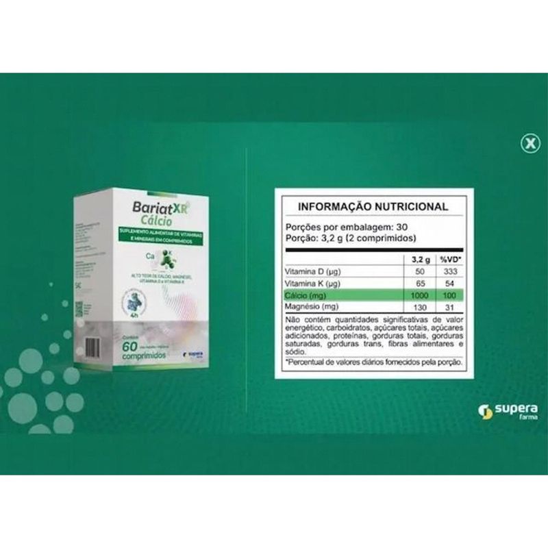 bariat xr cálcio 60 comprimidos suplemento alimentar supera