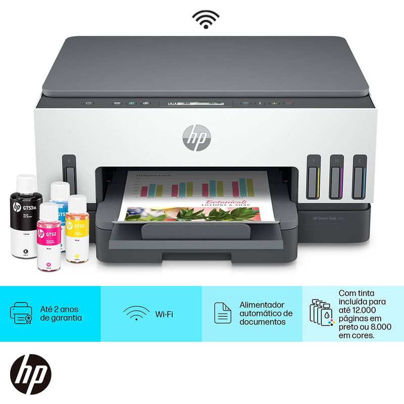 impressora multifuncional hp smart tank 724 com wireless bivolt branco