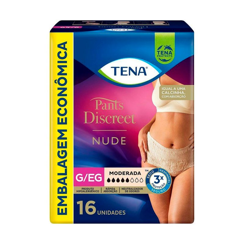 calcinha descartável tena pants discreet nude tamanho g/eg 16 unidades