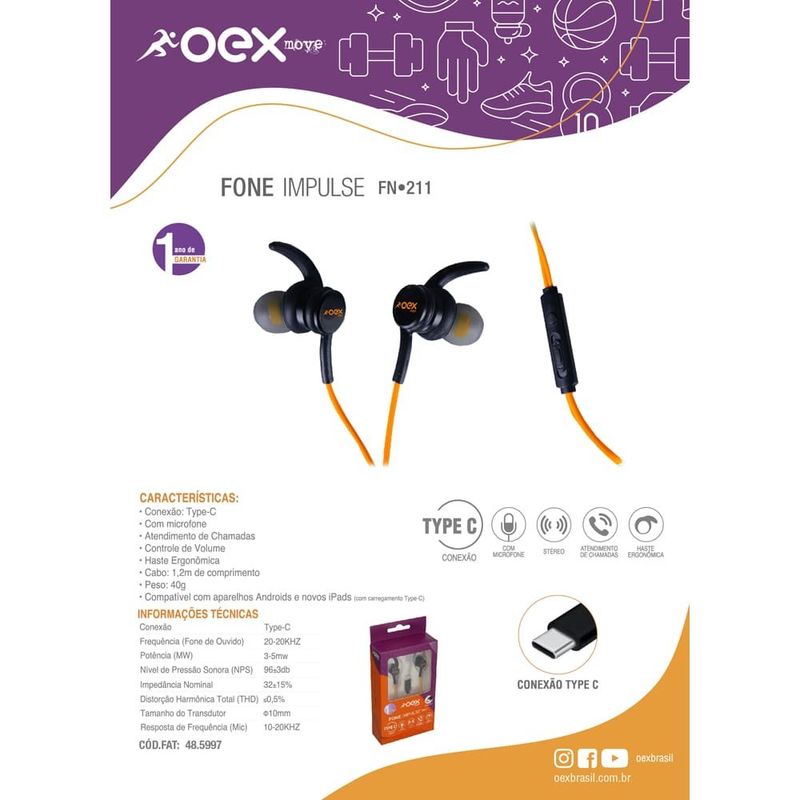 fone de ouvido com fio oex preto e laranja fn211