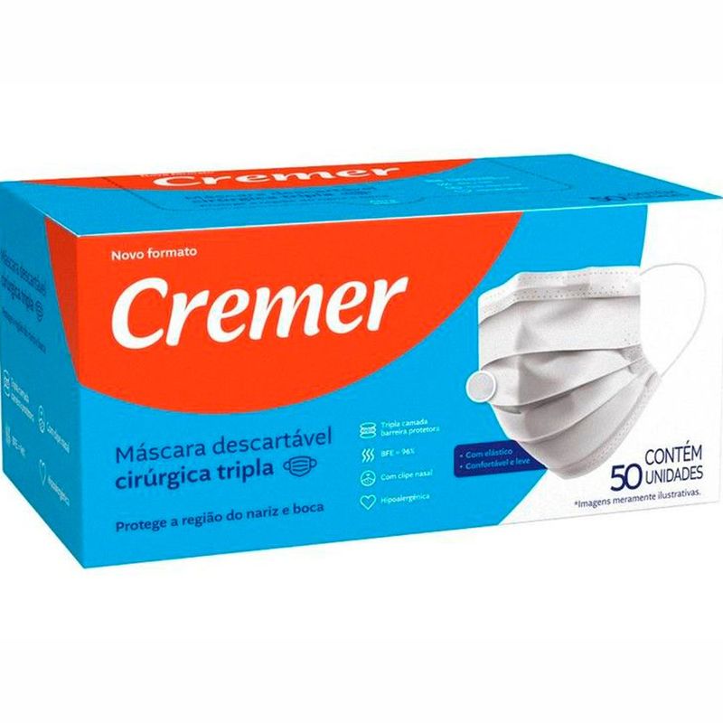 máscara descartável cirúrgica tripla cremer 50 unidades
