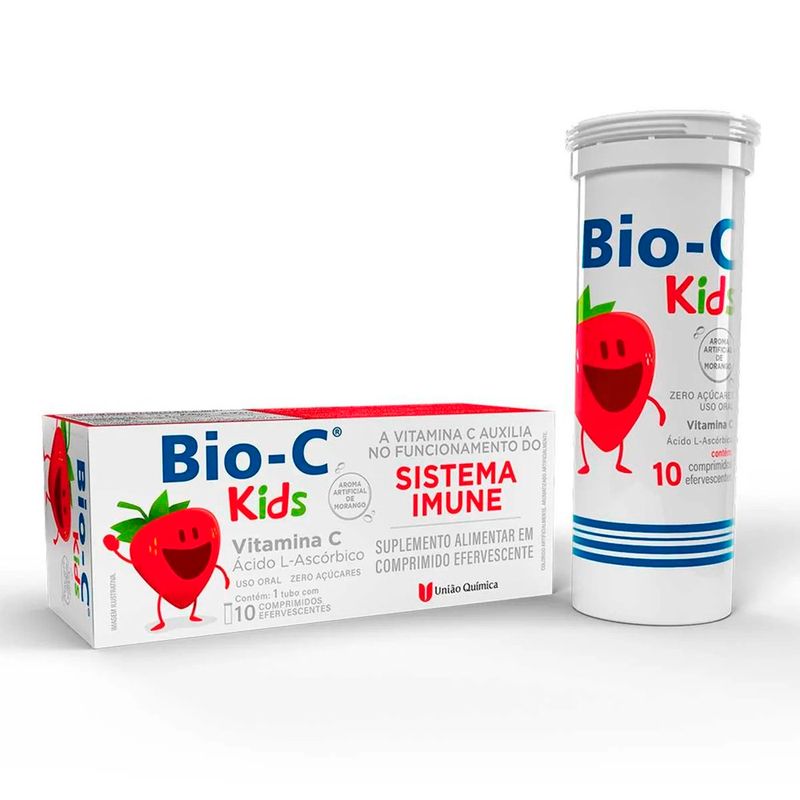 bio-c kids 10 comprimidos efervescentes vitamina c sabor morango união química