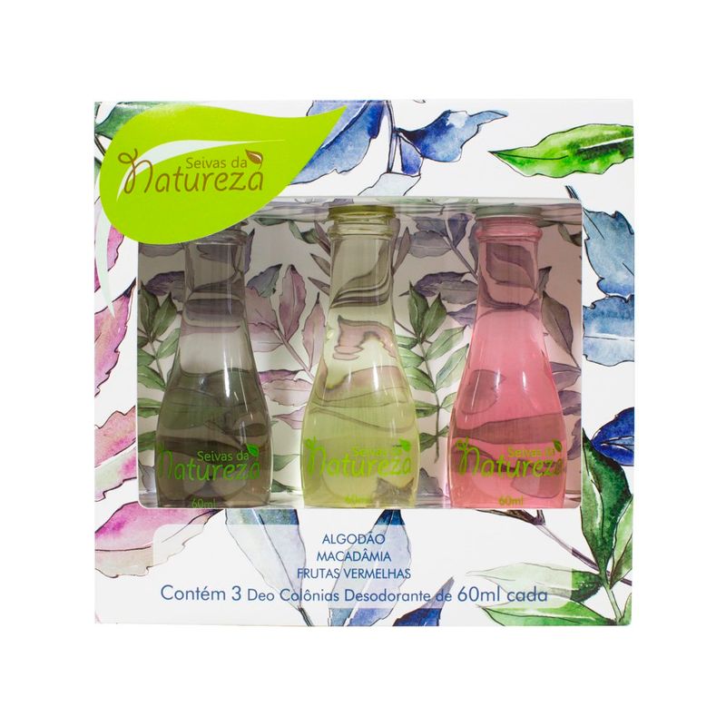 kit deo colônias seiva da natureza algodão 60ml + macadâmia 60ml + frutas vermelhas 60ml