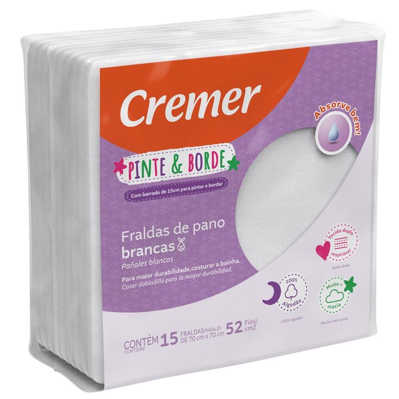 fralda de pano brancas cremer pinte & borde 15 unidades