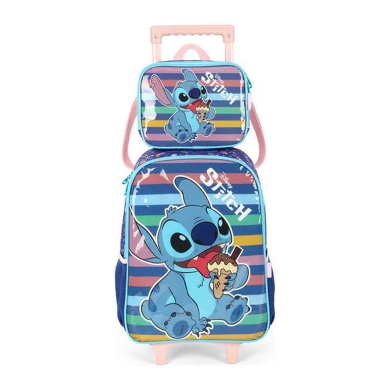 kit mochila de rodinha stitch + lancheira + estojo luxcel 3 peças azul (mp)