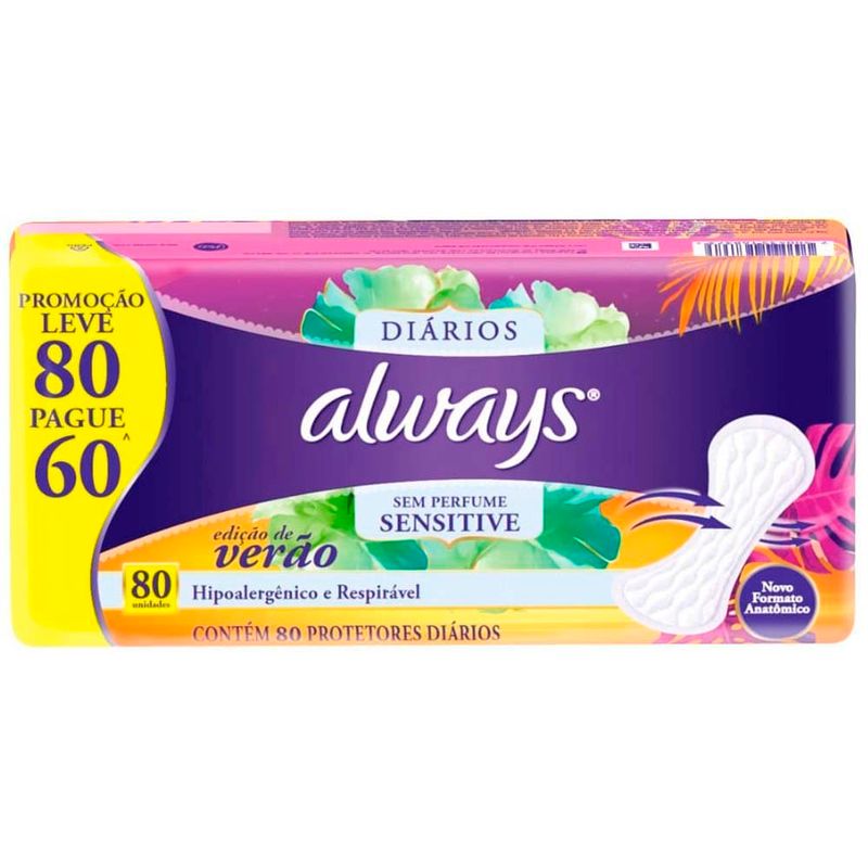 protetor diário always sensitive sem perfume 80 unidades