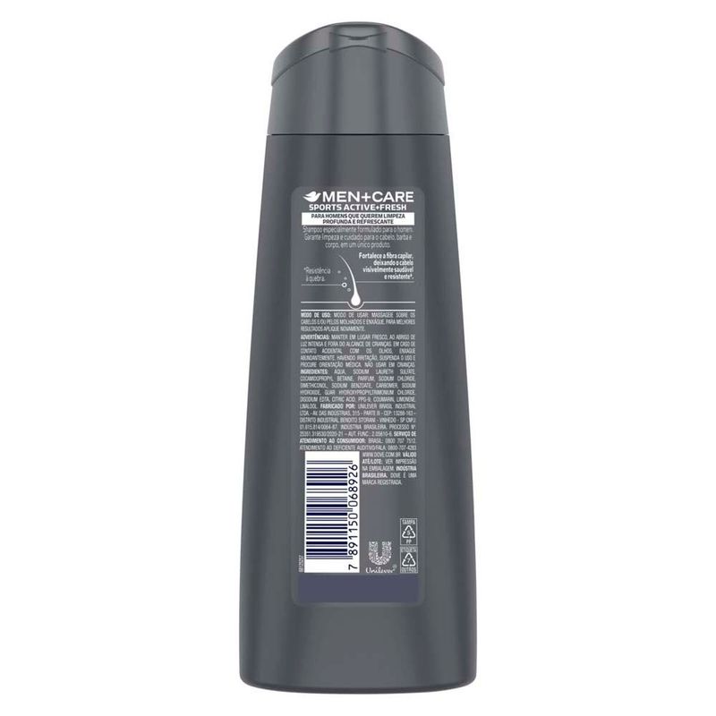 shampoo dove men care sports active+fresh cabelo barba e corpo 200ml