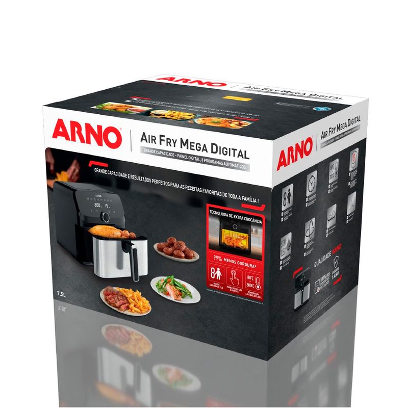 fritadeira arno airfryer mega afd7 7,5 litros preto e inox