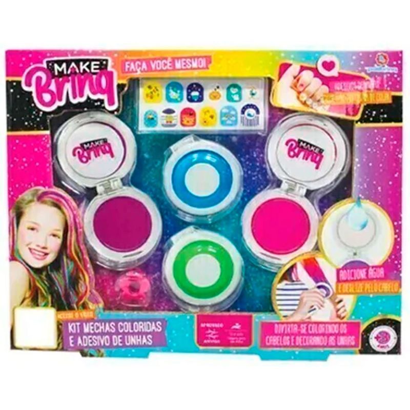 kit mechas coloridas e adesivos de unha infantil polibrinq (mp)